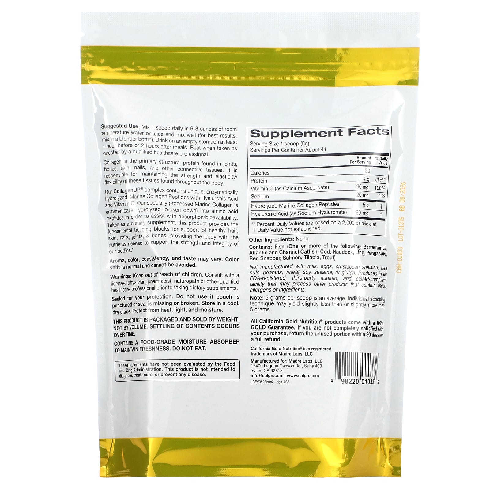 California Gold Nutrition Collagenup Hydrolyzed Marine Collagen Peptides With Hyaluronic Acid And Vitamin C Unflavored 7 26 Oz (206 G)