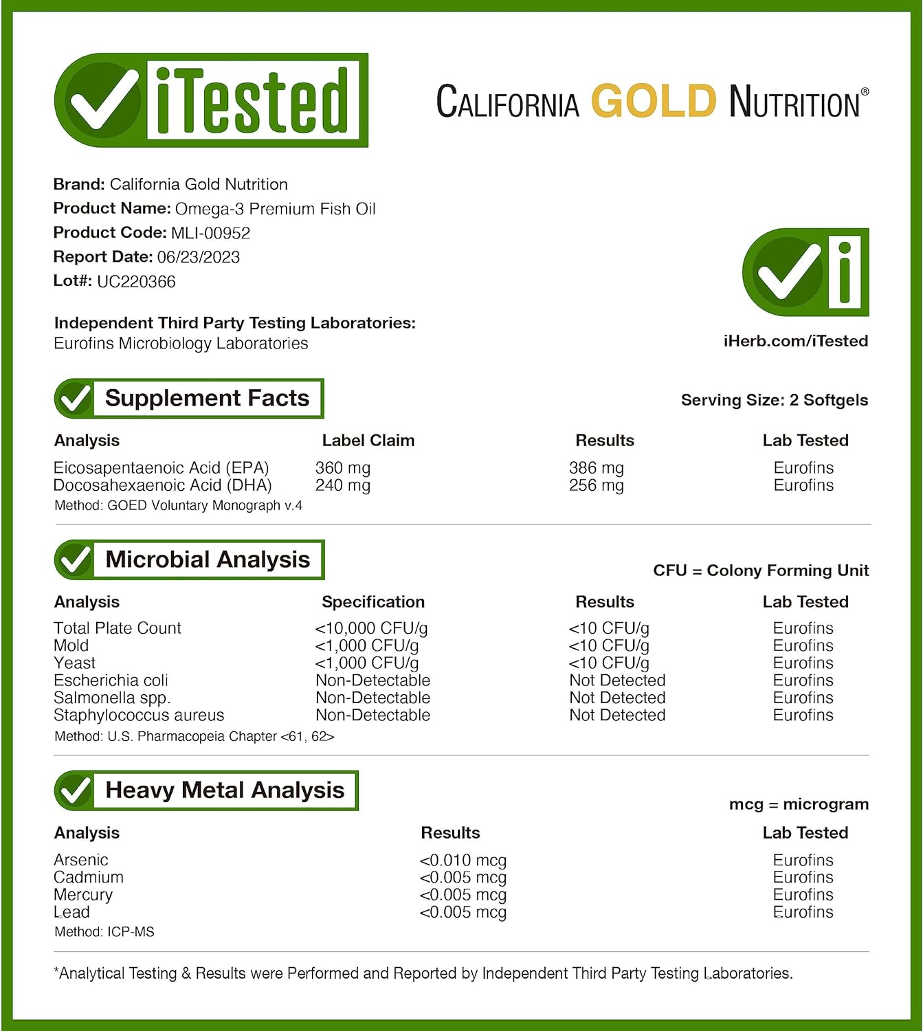 California Gold Nutrition Omega 3 Premium Fish Oil 100 Fish Gelatin Softgels