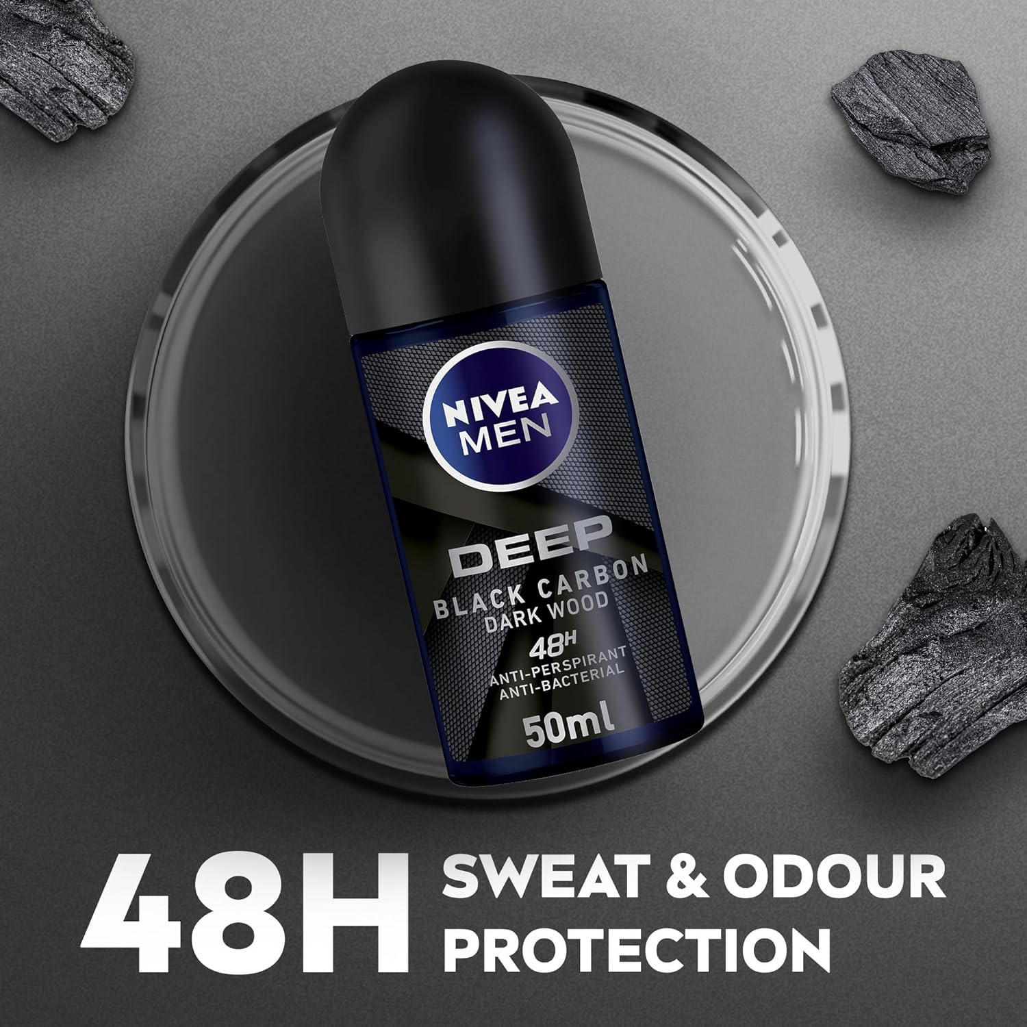 Nivea Men Antiperspirant Roll On For Men 48H Protection Deep Black Carbon Antibacterial Woody Scent 50 Ml