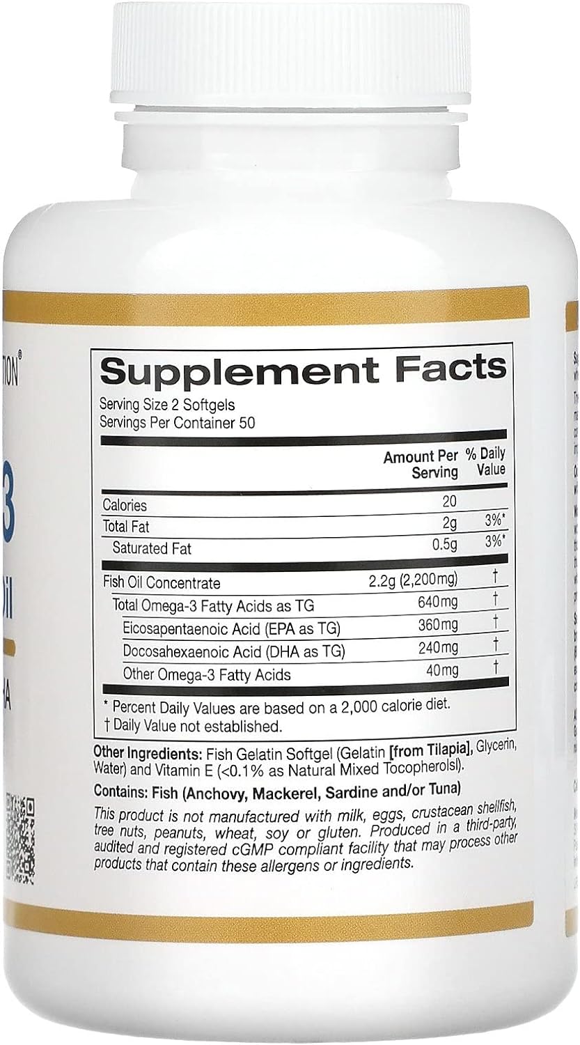 California Gold Nutrition Omega 3 Premium Fish Oil 100 Fish Gelatin Softgels
