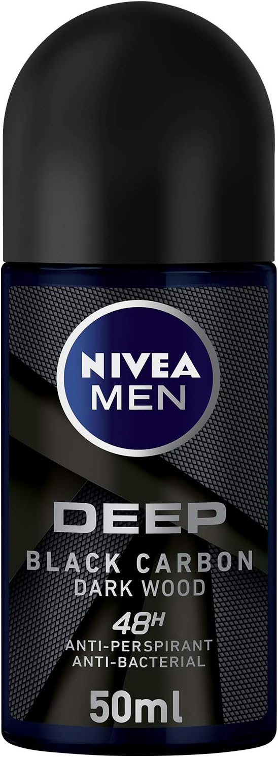 Nivea Men Antiperspirant Roll On For Men 48H Protection Deep Black Carbon Antibacterial Woody Scent 50 Ml